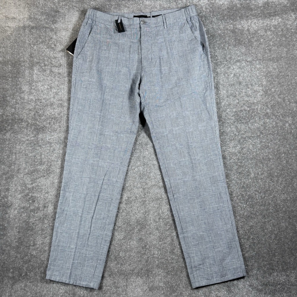 NWT Massimo Dutti Pants Men's 32x29 Navy Blue Plaid Jogger Fit Linen Blend